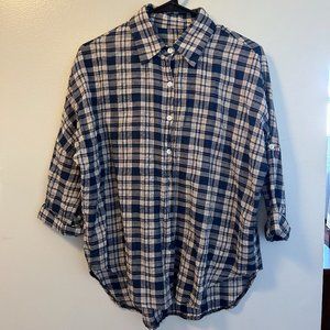 Navy Plaid Flannel Shirt, Size S
